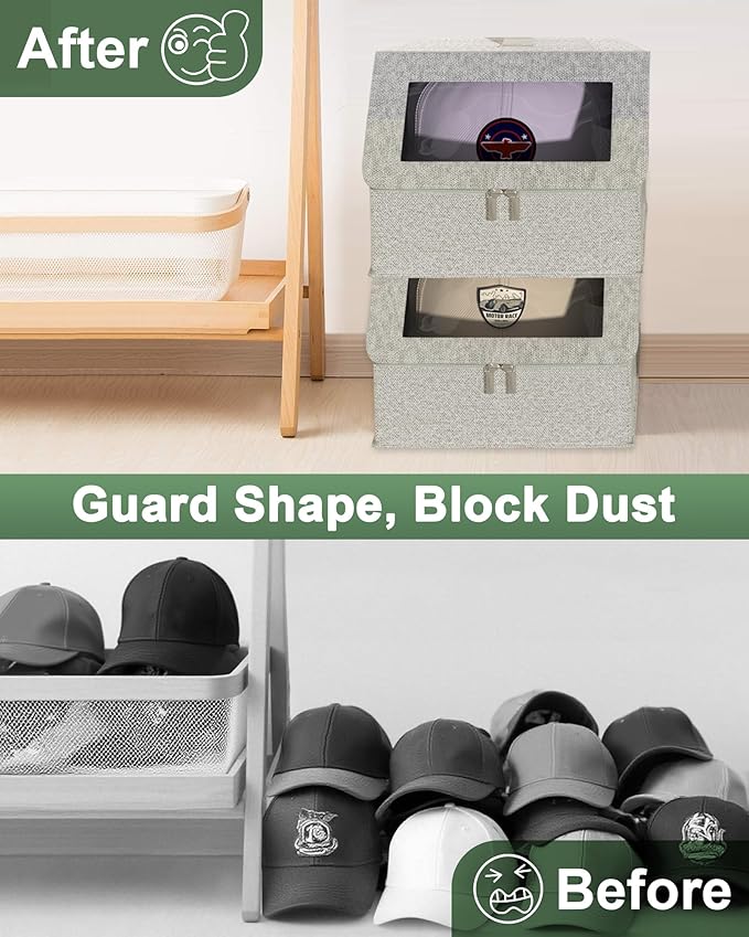 Stackable Hat Organzier for Baseball Caps, 2 PCS Hat Storage Holder Holds up to 24 Caps for Closet, Dust-Proof Hat Boxes Container with Clear Window for Home