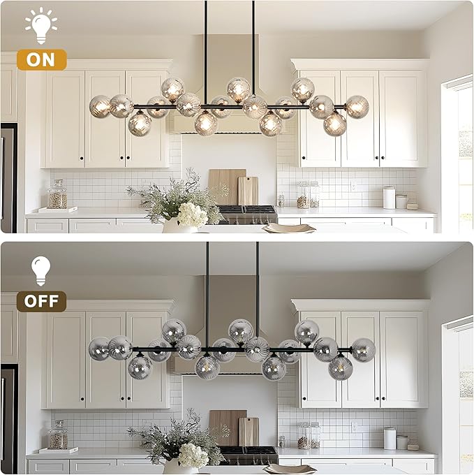 Dining Room Light Fixture 16-Light Large Chandelier Farmhouse Chandeliers for Dining Room Linear Sputnik Chandelier Smoke Gray Swirled Globe Glass Bubble Black Modern Pendant Lights Kitchen Island