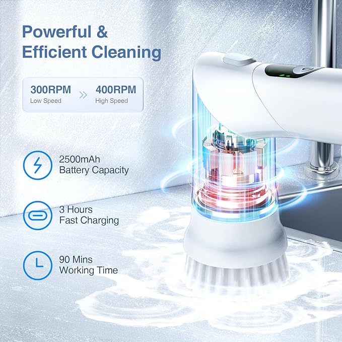LABIGO Electric Spin Scrubber LA5 Mini, Bathroom Scrubber Shower Scrubber for Cleaning Tub Tile Floor Window Kitchen Sink, Power Scrubber Cleaning Brush with 5 Replaceable Brush Heads, White