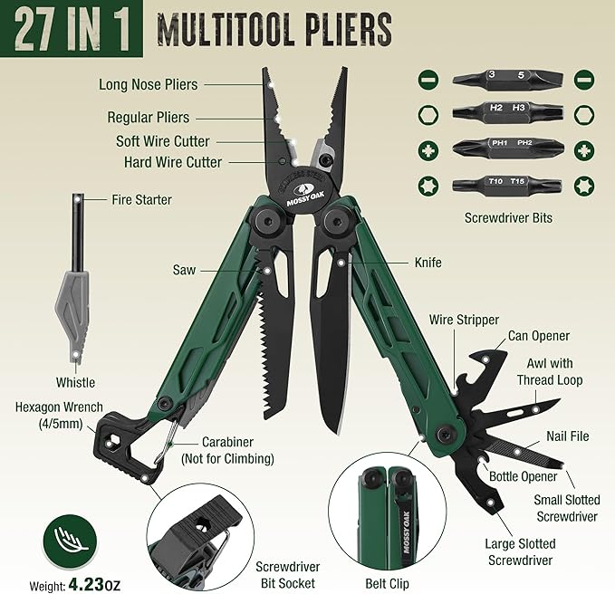 MOSSY OAK CNC-Machined Multitool Pliers, 27-in-1 Multi Tool with Pocket Knife, Fire Starter & Whistle, Bottle Opener, Screwdriver – Self-Locking Survival Tool for Camping & Hiking