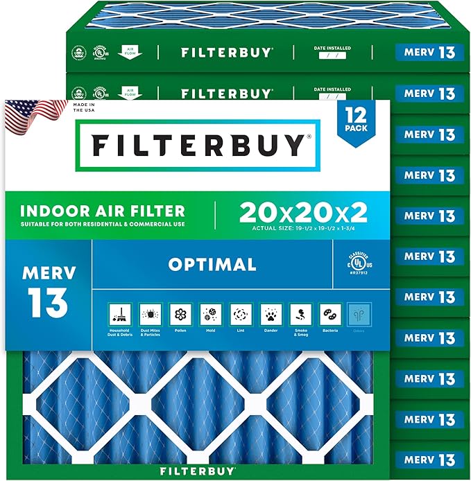 Filterbuy 20x20x2 Air Filter MERV 13 Optimal Smoke & Allergy Defense (12-Pack), Electrostatic Pleated HVAC AC Furnace Filters Replacement, Made in USA (Actual Size: 19.50 x 19.50 x 1.75)