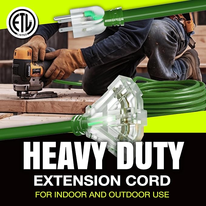 3ft Outdoor/Indoor Extension Cord 3-Outlet 12/3 Gauge Extra Heavy Duty ETL Listed, 3 Prong SJTW, Waterproof, Flexible Cold-Resistant Long Power Cord,15A 125V 1875W, Green by LifeSupplyUSA