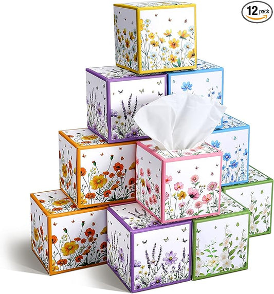 12 Pack Fall Floral Facial Tissues Cube Boxes 600 Sheets 3 Ply Small Square Wildflowers Face Tissues Bulk for Autumn Car Bedroom Supplies