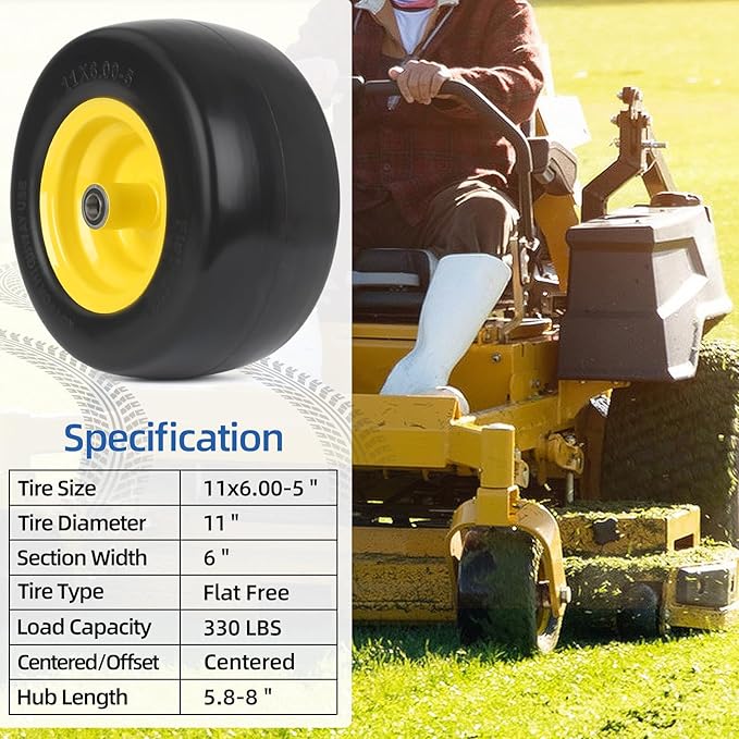 11x6.00-5 Flat Free Zero Turn Mower Tire and Wheel, 11x6-5nhs Riding Mowers Lawn Tire and Wheel with 3/4" Bearing, 5.8" -8" Centered Hub, 2 Pack