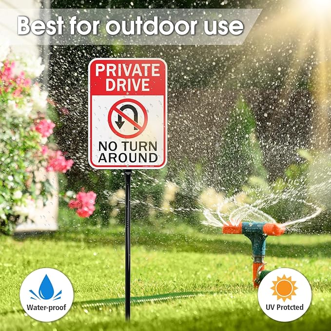 GicnKeuz Private Driveway No Turn Around Signs with 36" Heavy Duty Metal Stakes, 14"x10" .040 Aluminum Reflective Signs, Fade Resistant/Waterproof, Including Screws, Easy to Install, Outdoor Use (2 Pack)