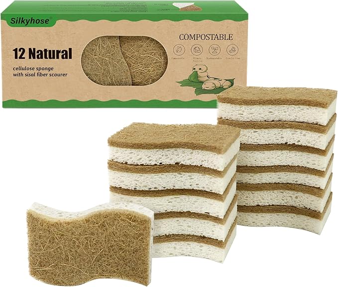 Biodegradable Natural Kitchen Sponge, Compostable Cellulose and Coconut Scrubber Eco-Friendly Dishwashing Sponge, 12 Pack Household Cleaning Foam for Dishes