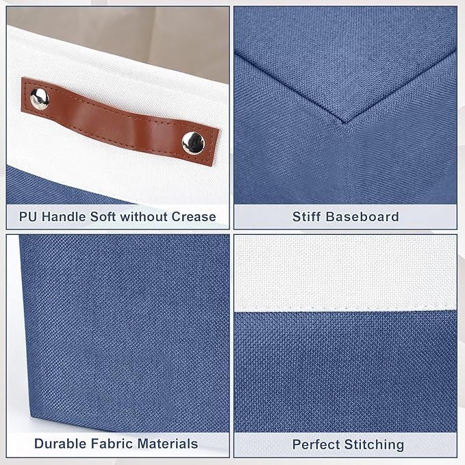 Large Fabric Storage Baskets | 50L Storage Bins, Decorative Linen Closet Baskets with Handles for Organizing, Shelf, Toys, Clothes, Home, Office, Nursery, 17x12x15Inches (Navyblue&White)