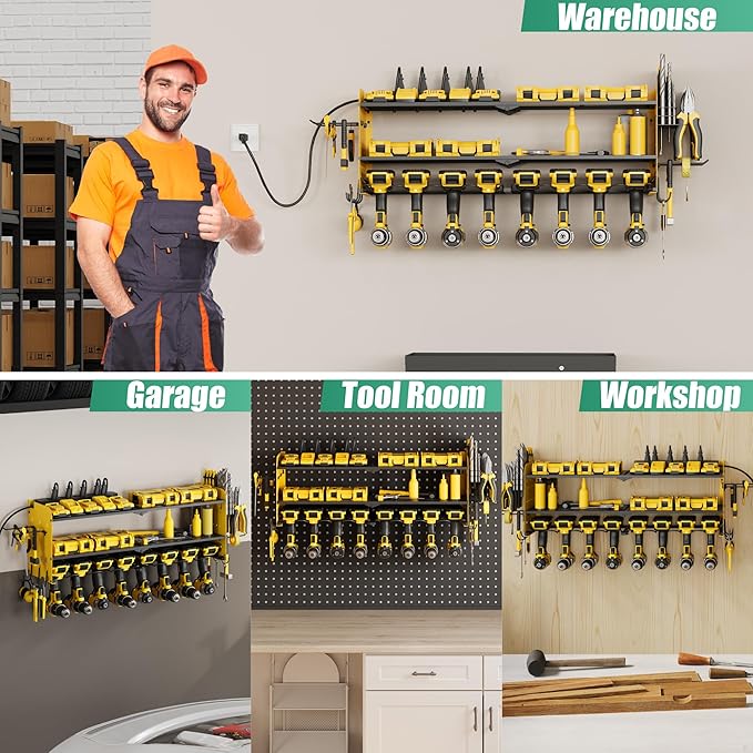 Suchtale Power Tool Organizer Wall Mount,Drill Organizer,33.2" Garage Storage,8 Drill Holders,3 Layers Heavy Duty Metal Shelf with 8 Outlets Power Strip, Christmas Gifts for Dad,Husband,Yellow