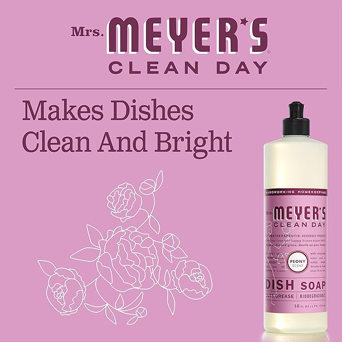 MRS. MEYER'S CLEAN DAY Liquid Dish Soap, Biodegradable Formula, Peony, 16 Fl. Oz - Pack of 3