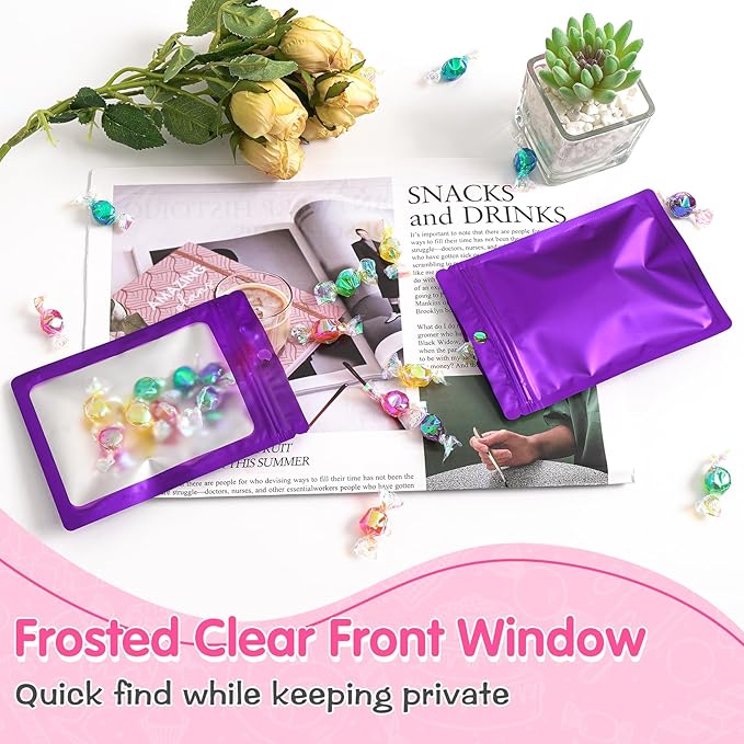FUNFERY 100 Pack Mylar Resealable Bags Foil Packaging Bags with Clear Window,Zipper Pouch Smell Proof Bag for Food Storage,Cookies,Sample,Small Business(Purple,6.3x9.4inch)