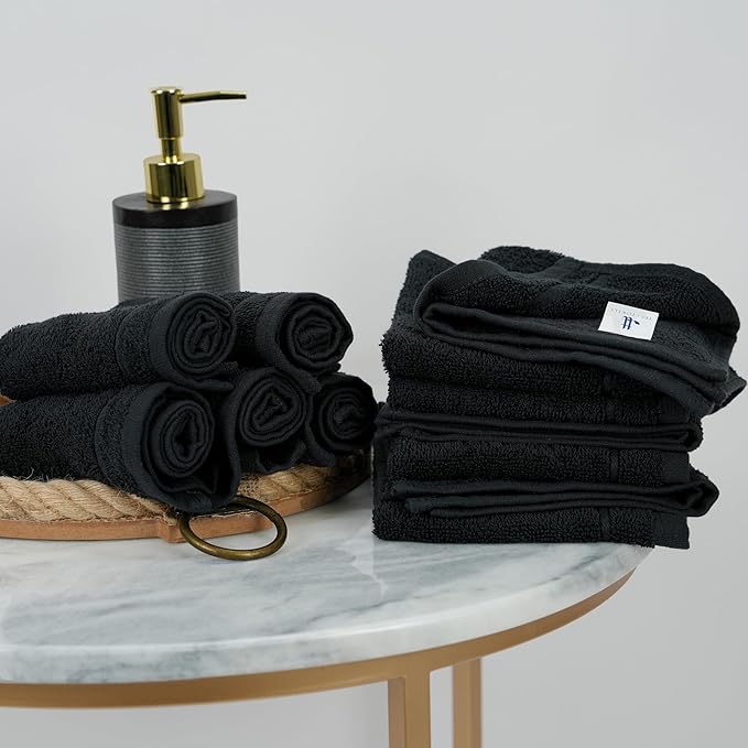 Tens Towels Pack of 12 Washcloths, 12 x 12 Inches, Lighter Weight, Quick to Dry, Super Soft & Absorbent, Gentle Face Towels, Hotel Quality, Perfect for Bathroom, Gym, Spa (Black, 12 Pack)