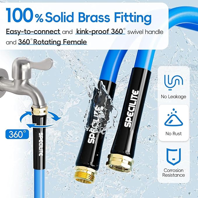 SPECILITE Female to Female Hot/Cold Garden Water Hose 10 ft x 3/4 Inch for Hose Reel, -50℉To 190℉, Heavy Duty, Flexible, Burst 605 Psi, Rubber Extension Pipe with 3/4" Brass Fittings