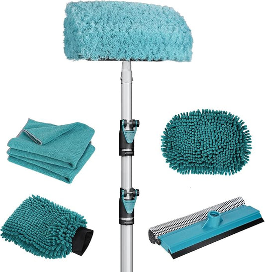 12FT Car Wash Brush with Long Handle, Car Cleaning Kit with Soft Wash Brush, Tire Brush, Window Squeegee, Microfiber Cleaning Head, Mitt, for House Siding, Auto Cars, Trucks, SUV, RV, Floors