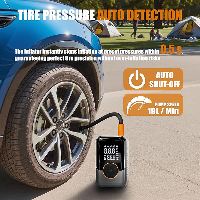 Cordless Tire Inflator, Portable with digital pressure gauge, 150PSI, Auto shut-off & LED light, 12V DC/Rechargeable dual mode, for Car/Motorcycle/Bike/Inflatable