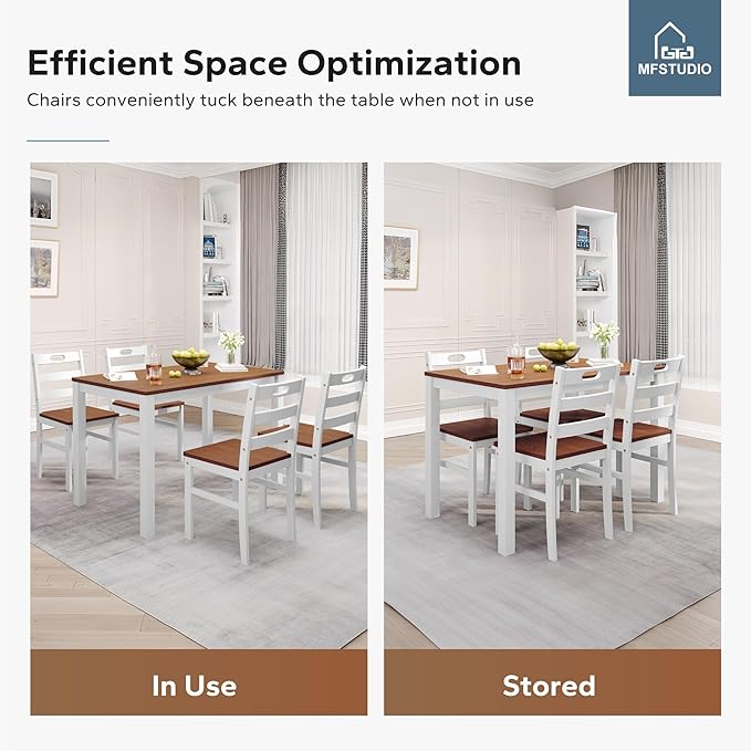 MFSTUDIO Dining Table Set for 4, 5-Piece Kitchen Table with 4 Chairs, Wooden Dining Room Table and Solid Wood Chairs, White Walnut