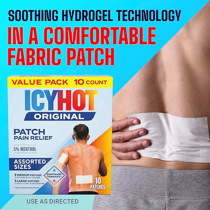 Icy Hot Original Pain Relief Patch Variety Pack with 5% Cooling Menthol for Fast-Acting Muscle and Joint Pain Relief, 5 Medium and 5 Large Comfortable Fabric Patches, 10 Ct.