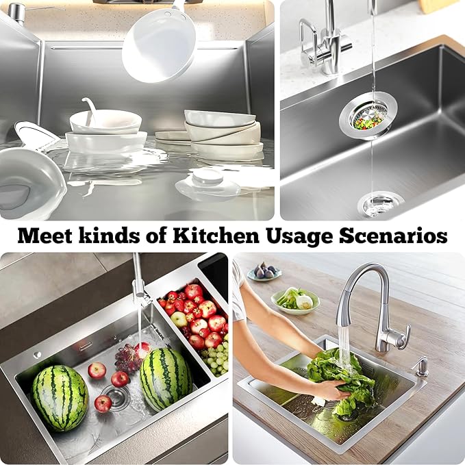 Upgraded 3 in 1 Kitchen Sink Drain Strainer Stopper, Brushed Stainless Steel SUS 304 Pop Up Sink Drain Stopper for Standard 3-1/2 Inch Drain Anti-Clogging Odor Prevention