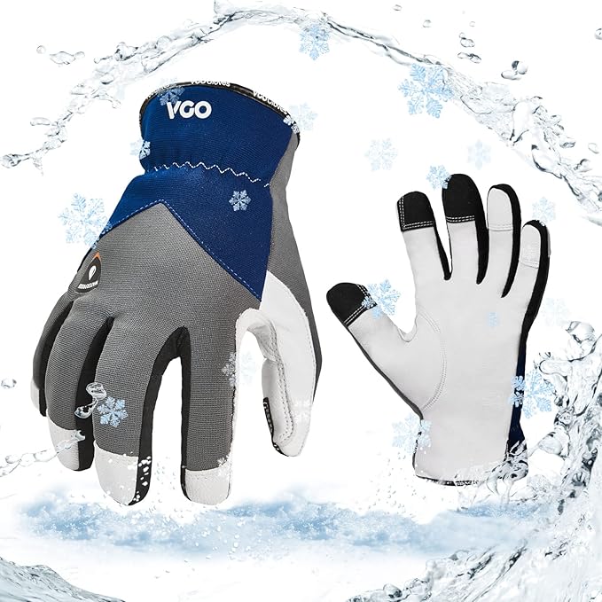 Vgo... 1Pair 0℃/32°F Winter Leather Work Gloves, Cold Weather Waterproof Safety Work Gloves,Cold Storage or Freezer Use,w/3M Thinsulate Lining(Size L, Gray, GA7711FW)