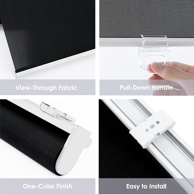 Cordless Roller Shades for Windows,Light Filtering Pull Down Blinds,Solar Screen Door Blinds,Flame Retardant UV Protection Fabric for Home Office (55" W x 72" H,Solar Black)