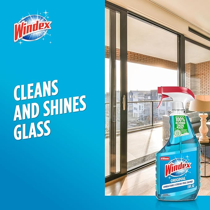 Windex Glass and Window Cleaner Spray Bottle, Packaging Designed to Prevent Leakage and Breaking, Surface Cleaning Spray, Original Blue Scent, 23 Fl Oz (Pack of 2)