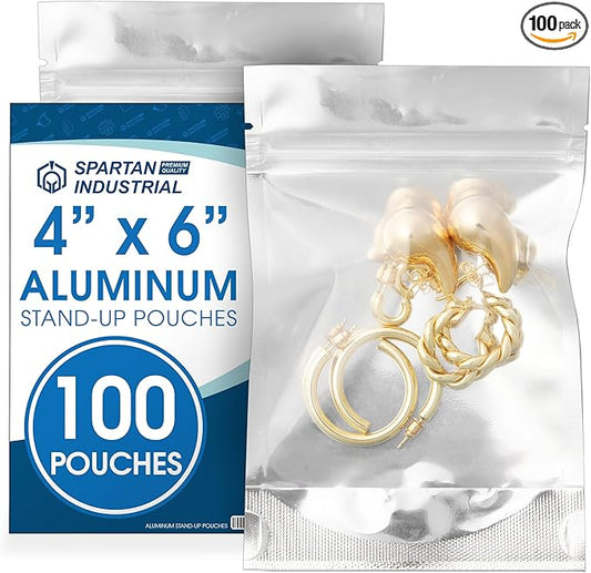 Spartan Industrial - 4" X 6" Aluminum Stand-Up Pouches - Pack of 100 Resealable Smell-Proof Bags for Food, Wax Melts, Lip Gloss Packaging, and More