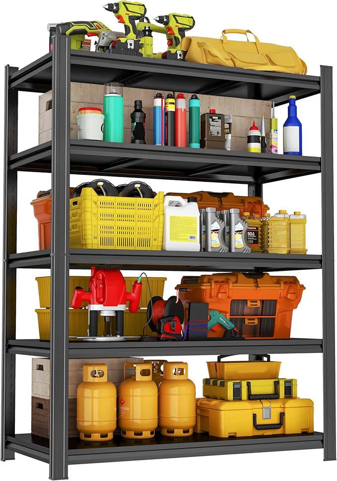 78" H Metal Garage Shelving Unit, Heavy Duty 5-Tier Adjustable Storage Shelves, Steel Shelving, 2500 lbs Capacity, Industrial Shelves for Basement and Warehouse, Pantry Closet, Workshop, Black