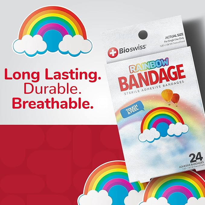 BioSwiss Kids Bandages, Rainbow Shaped Self Adhesive Bandage Set, Latex Free, Sterile Wound Care, 24 Count