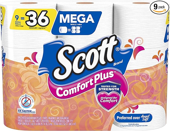 Scott ComfortPlus Toilet Paper, Equal to 36 Regular Rolls), Septic Safe Bath Tissue, White, 9 Count (Pack of 1)