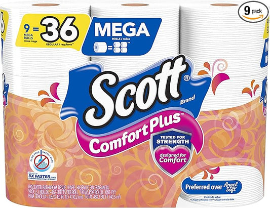 Scott ComfortPlus Toilet Paper, Equal to 36 Regular Rolls), Septic Safe Bath Tissue, White, 9 Count (Pack of 1)