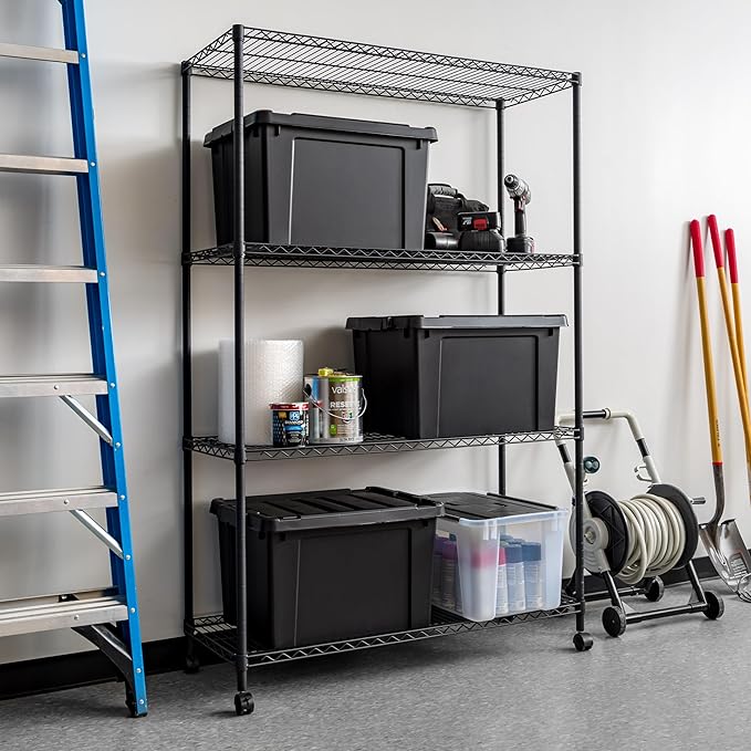 IRIS USA 4-Tier Shelves, 48"L x 18"W x 73"H (Up to 1200 lb), Adjustable Garage Shelving Heavy Duty, Metal Storage Shelves Wire Rack, Removable Locking Wheel, Shed Office Kitchen Garage Organizer Shelf