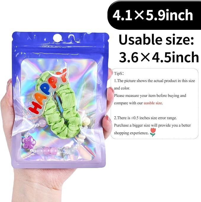 100 Pack Resealable Plastic Bags for Food Storage, Zipper Bags with Clear Front Window, Packaging Pouch for Small Business (Purple & Blue, 4.1x5.9 inch)