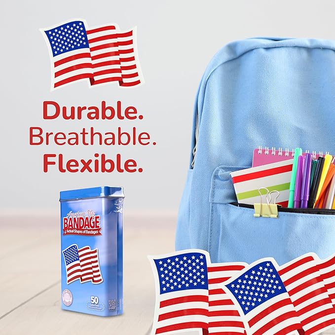 BioSwiss Kids Bandages, American Flag Shaped Self Adhesive Bandage Set, Latex Free, Sterile Wound Care, 50 Count