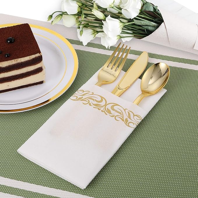 FOCUSLINE 100 Linen Feel Bathroom Napkins, Soft and Absorbent Disposable Guest Towels, Cloth-Like Paper Hand Towels Decorative Napkins for Dinners, Parties, Weddings or Events, Gold, 12" x 17"