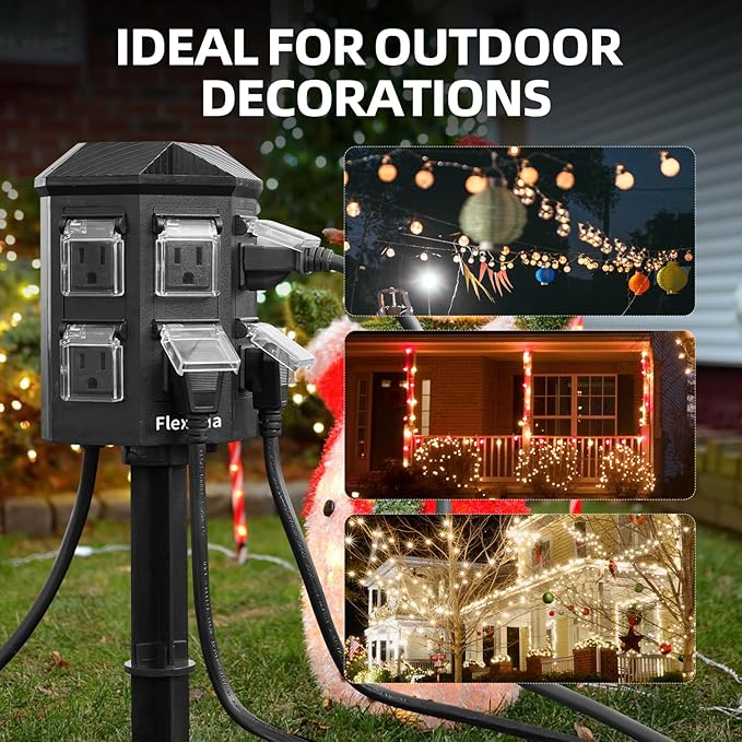 Outdoor Power Stake Timer, Remote Control Dusk to Dawn Light Timer, 60FT Extension Cord Waterproof, 6 Grounded Outlets for Outdoor Christmas Decorations, ETL Listed