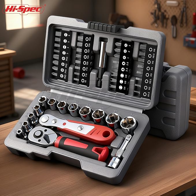 Hi-Spec 48pc Ratcheting Screwdriver & Socket Set, 1/4" Drive Mini Bit Ratchet and Quick-Release Ratchet, CR-V Sockets 4–14 mm, Security Bits in Portable Case