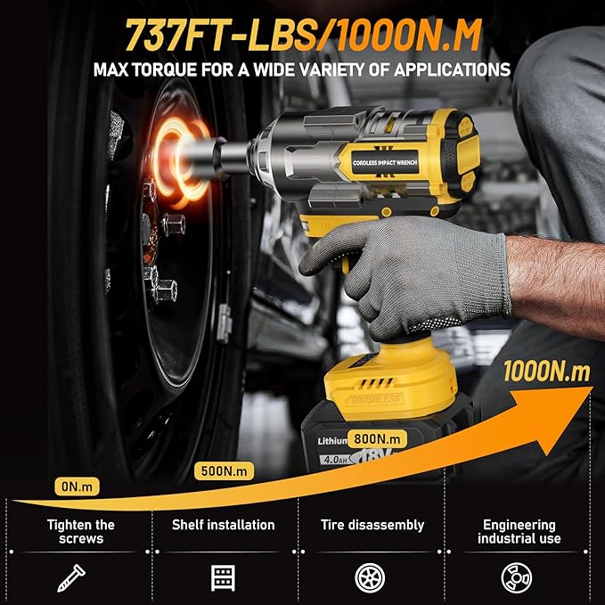 1000Nm(738ft-lbs) Cordless Impact Wrench 1/2 inch, High Torque Brushless Impact Gun w/Two 4.0AH Battery, with Storage Case, Electric Impact Wrench for Car Truck, RV/Mower