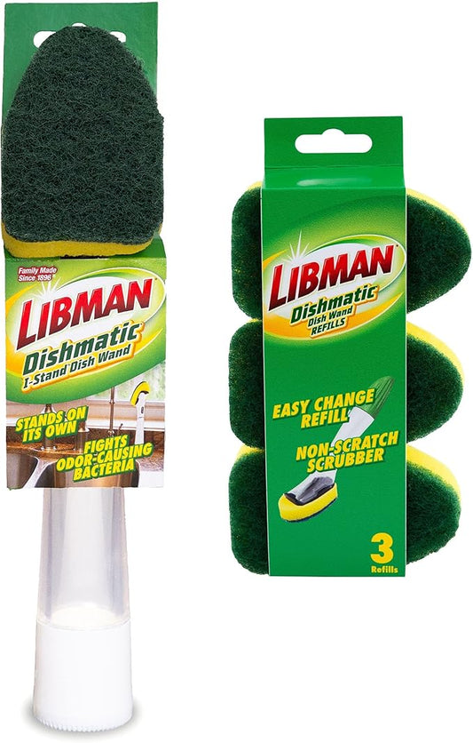 Libman Dishmatic I-Stand Dish Wand Kit, Kitchen Cleaning Scrub Brush with Handle and Soap Dispenser for Scrubbing and Washing Dishes, Refillable Standing Dispensing Scrubber Brushes, 3 Sponge Refills