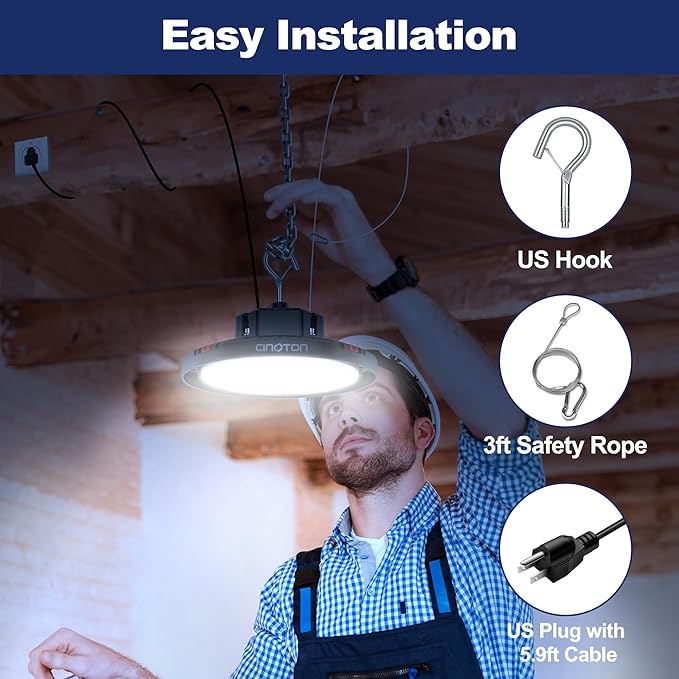 CINOTON 160W UFO LED High Bay Light, Aluminum LED Shop Lights with 24000LM, 5000K Commercial Bay Lighting for Warehouse Garage Workshop Factory Hall, 6' Cable & Safety Rope, ETL Listed 2 Pack
