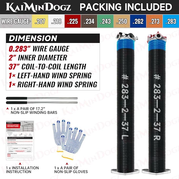 Pair of 2" Garage Door Torsion Springs Set with Non-Slip Winding Bars & Gloves, High Quality Precision Electrophoresis Black Coated, for Replacement & Installation, MIN 16,000 Cycles (0.283x2''x37'')