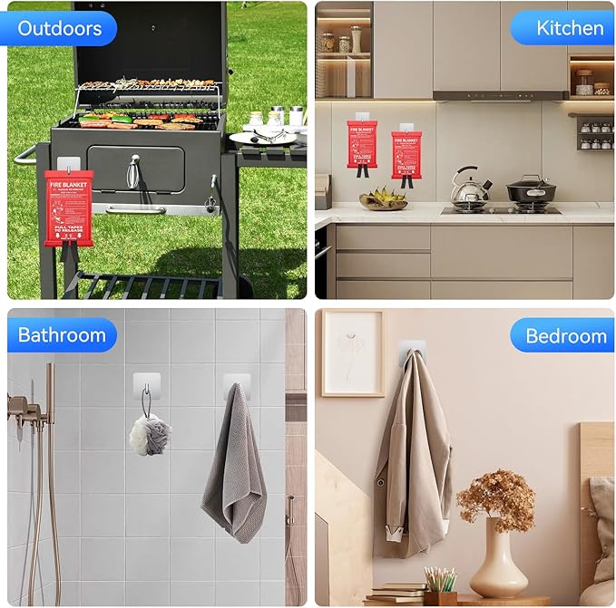 KRUI 2 Pcs Adhesive Wall Hooks for Emergency Fire Blankets, Heavy Duty Stainless Steel Wall Hanging Hooks Waterproof and Fireproof for Home Kitchen Bathroom Office