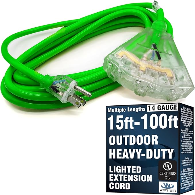 15 ft Outdoor Extension Cord Waterproof - 14 Gauge Heavy Duty Extension Cord Splitter - Lighted Outdoor Extension Cords with Multiple Outlets - Watts Wire - 15' Grounded - extensiones electricas