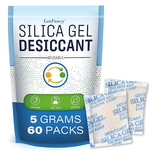 LotFancy Silica Gel Packets, 5 Gram 150 Packs Rechargeable Desiccant Dehumidifiers Packets, Moisture Absorber Drying Bag with Orange Indicator, Non-Toxic, Odorless