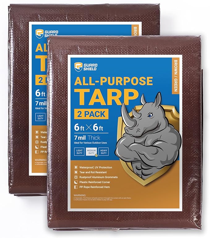 GUARD SHIELD Brown/Green Tarp 6x6 Feet Medium Duty Outdoor Waterproof Multi Purpose Poly Tarps Cover 7mil (2-Pack)
