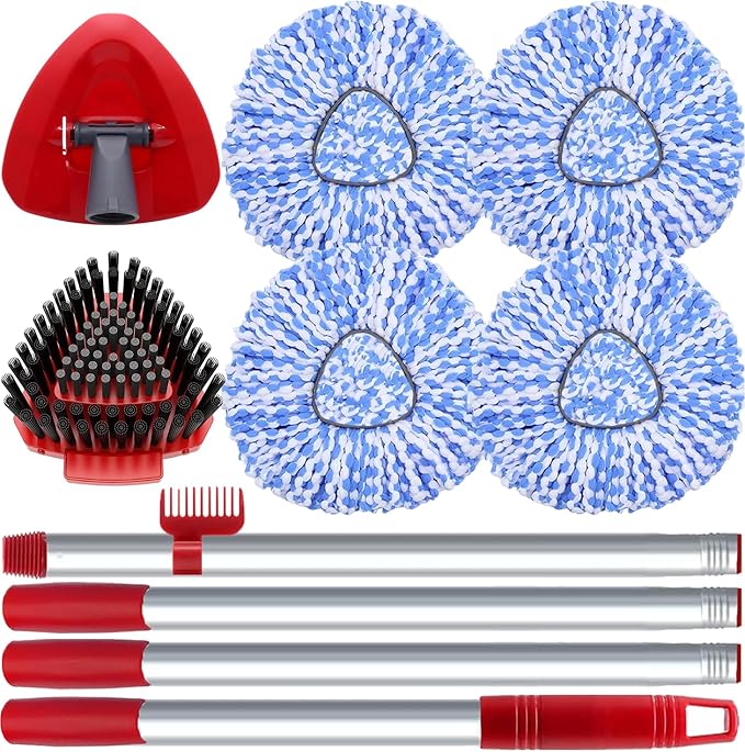 Spin Mop Head and Brush Replacement Compatible with O Cedar RinseClean 2-Tank System, 4 Mop Replace Heads, 1 Handle, 1 Base and 1 Scrub Brush Combo Set