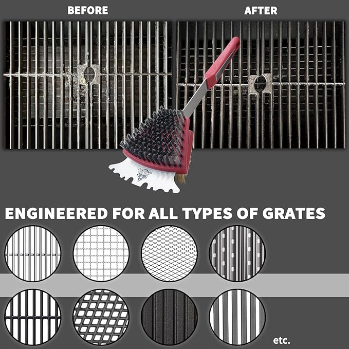 GRILLGEN Grill Brush and Scraper- Heavy Duty Grill Brush with Steel and Brass Bristles BBQ Cleaner for Outdoor Grills,BBQ Accessories for Porcelain, Cast Iron, Stainless Steel Grates