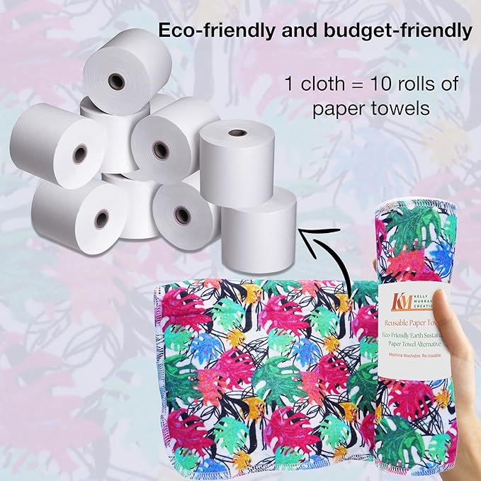 Pack of 10 Reusable Paper Towels | 10x10 Inch Cotton Towels | Kitchen Utensils Print | Eco Friendly, Washable, Quick Drying | Sustainable Cleaning Cloths | Colorful Leaves