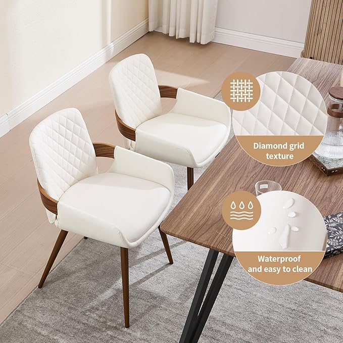 Mid Century Modern Dining Chairs Set of 2 - Faux Leather Dining Room Chairs, Upholstered Kitchen Chair with Arms and Metal Legs - Beige