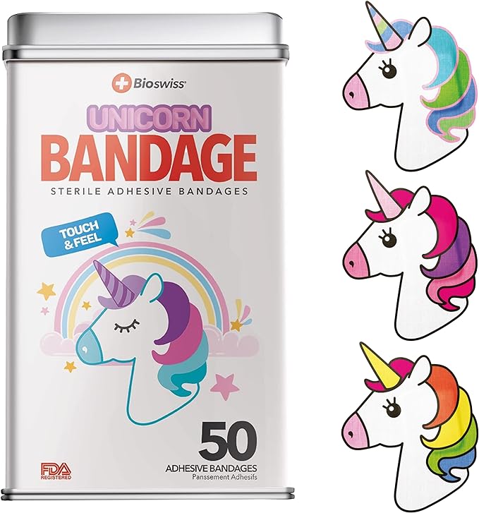 BioSwiss Kids Bandages, Unicorn Shaped Self Adhesive Bandage Set, Latex Free, Sterile Wound Care, 50 Count