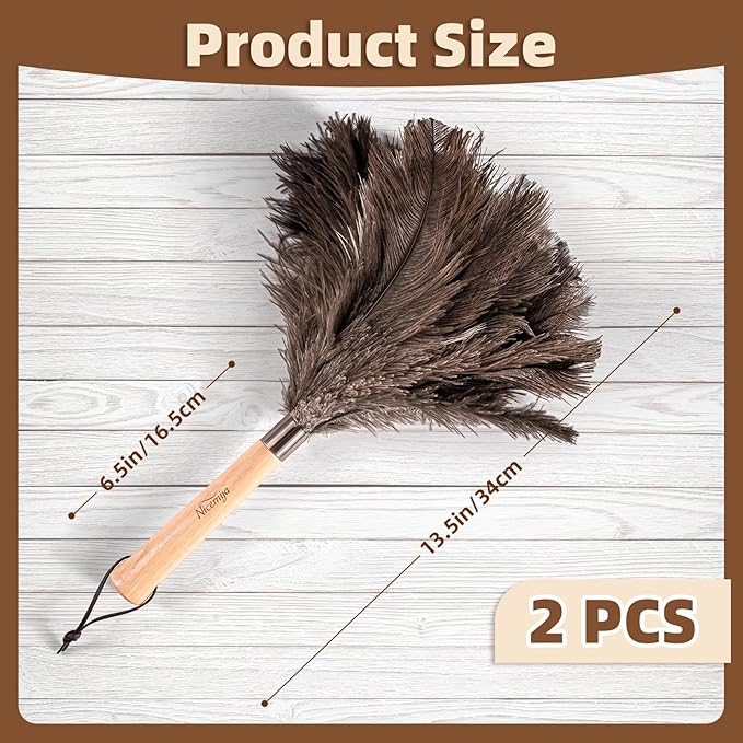 2 PCS Ostrich Feather Dusters with Wooden Handle, 13.5 inch Natural Fluffy Feather Dusters for Dusting Home, Car, Delicate Surfaces, Reusable Soft Cleaning Tools for Ledges, Blinds