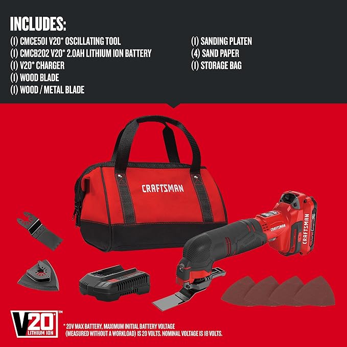 CRAFTSMAN V20 Cordless Oscillating Tool Kit Multi-Tool with Blades, Sand Paper, Battery and Charger Included (CMCE501D1)